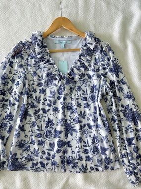 Women's Blue Floral Ruffle V-Neck Top